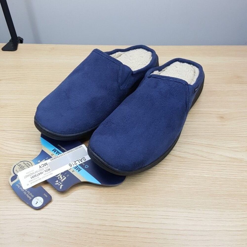 ISOTONER Slippers Mens Size 9.5 10.5 Blue Slip On Open Back Plush Memory Foam